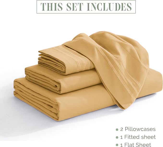 Elegant Comfort Luxury 1500 Premium Hotel Quality Microfiber 4-Piece Sheet Set - Wrinkle Resistant, All Around Elastic Fitted Sheet, Deep Pocket up to 16", RV Short Queen, Gold