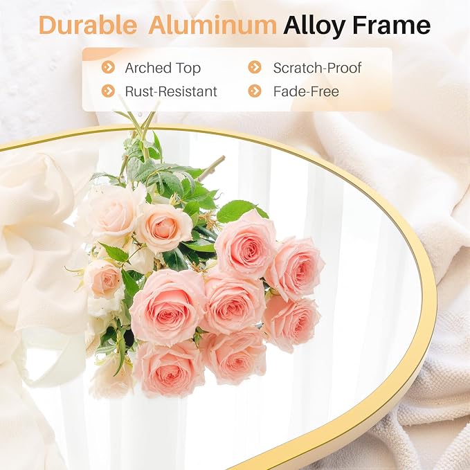 Bathroom Mirror for Wall, 30x20 Inch Arched Mirror, Matte Gold Metal Framed Bathroom Vanity Mirrors for Restroom Farmhouse, Anti-Rust, Tempered Glass, Hanging or Leaning