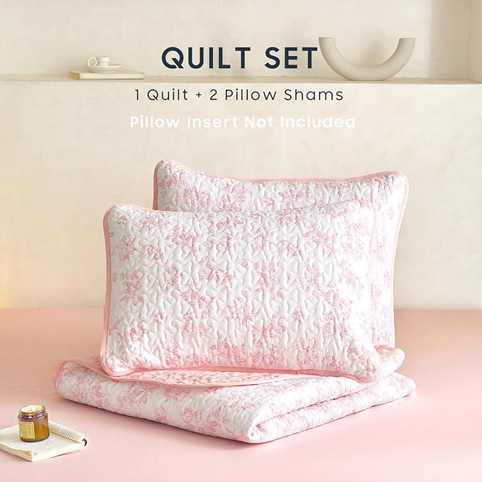 Wake In Cloud - Floral Quilt Set, Shabby Chic Coquette Cottagecore Vintage Flower for Women Teen Girls, Reversible Lightweight Bedspread Coverlet, 3 Pieces, Pink, Queen/Full Size