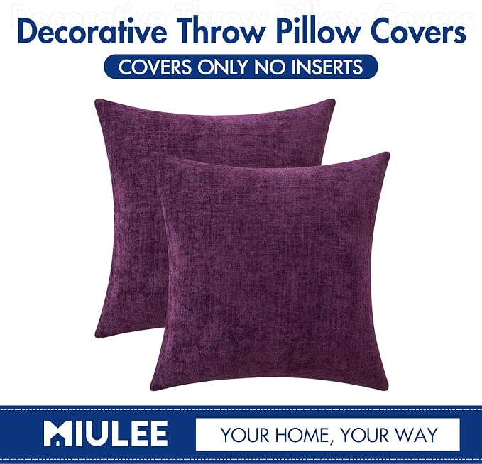 MIULEE Soft Chenille Throw Pillow Covers Plum Purple 20x20 Inch Pack of 2 | Modern Home Decor, Classic Decorative Pillows, Solid Dyed Cases, Boho Couch Cushion Covers for Sofa Bed Living Room
