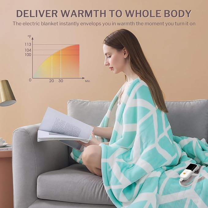 VENTIMI Heated Blanket Full, 9 Heat Levels & 2-10 Hours Auto Off, Green | ETL & FCC, Fast Warming, 72" x 84", Flannel and Sherpa, Couch Bed Use, Machine Washable, Removable Controller