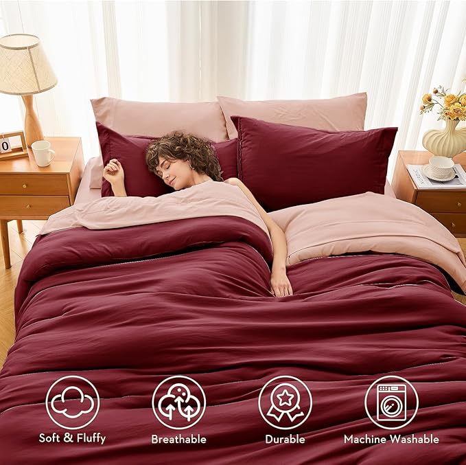 7 Pieces King Comforter Set, Soft Bed in a Bag King Size, All Season Bedding Set with Comforter, Flat Sheet, Fitted Sheet, Pillowcases & Shams, Burgundy & Rose Gold