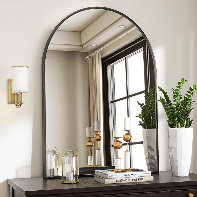 Large Arched Wall Mirror, 36 x 48 inch Arch Bathroom Mirror Black | Wall Mounted Bathroom Vanity Mirror with Arch Metal Frame, Modern Room Decor for Bedroom, Entryway, Hanging or Leaning