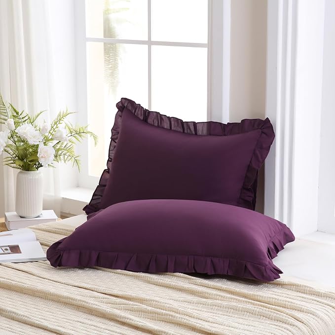 Merryword Dark Purple Pillowcases King Size Ruffled Pillow Shams Set of 2 Cute Pillowcases Purple Shabby Chic Pillow Cover 2 Pack
