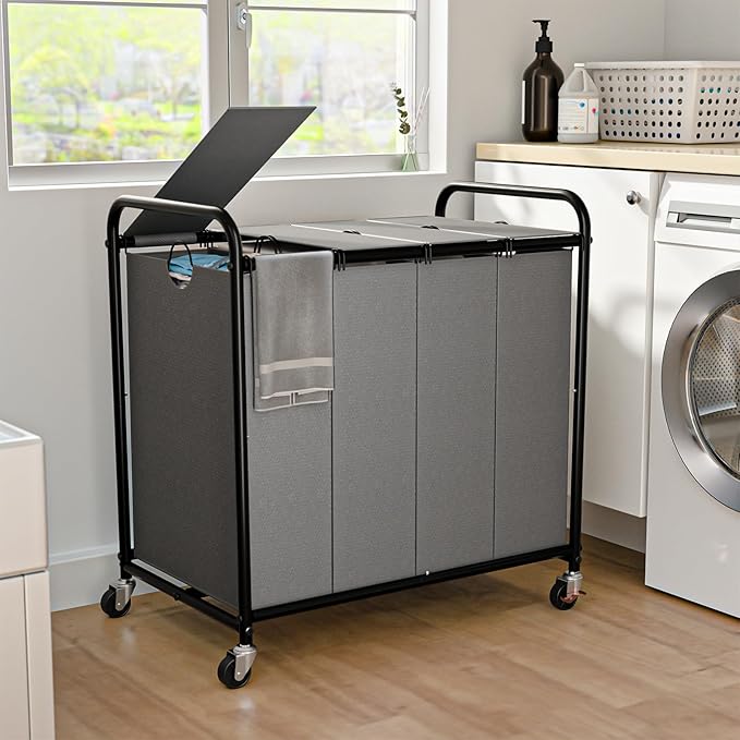 Laundry Sorter 4 Sections 48 Gal, Rolling Laundry Basket with Wheels ＆ Lid | Laundry Hamper, 4 Separated Removable Bags, Lockable Wheels, Dirty Clothes Hamper for Laundry Room Organizer, Grey