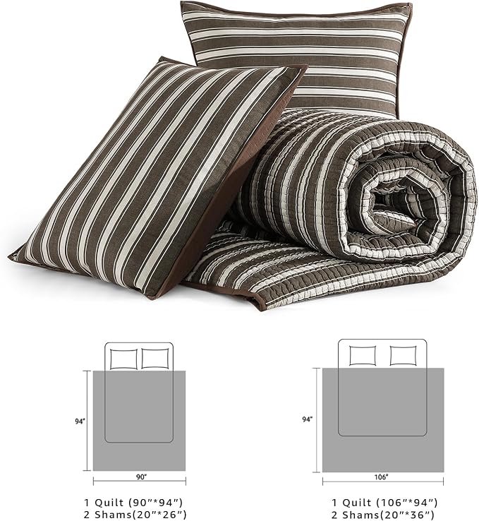 Queen Quilt-Lightweight Bedspreads Brown Queen Size Quilt Bedding Set | Reversible Coverlet with 2 Shams for All Seasons, Suitable for Bed, Couch, 3 Pieces, 90"x94"