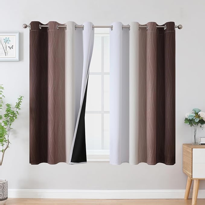 Brown and Greyish White Blackout Curtains 52Wx45L 2 Panels | Ombre Curtains for Bedroom,Thermal Insulated,Full Room Darkening,Light Blocking,Gradient Grommet Window Drapes for Bathroom