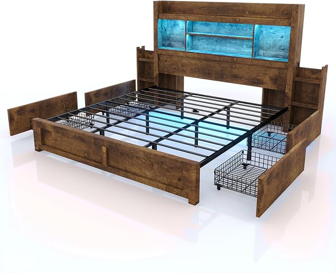 LUXOAK King Bed Frame with Storage, Bookcase Headboard, Rustic Brown | 49.6" Headboard, Wood Platform Bed, Charging Station, Bedside Storage, 4 Storage Drawers, No Box Spring Needed, Farmhouse