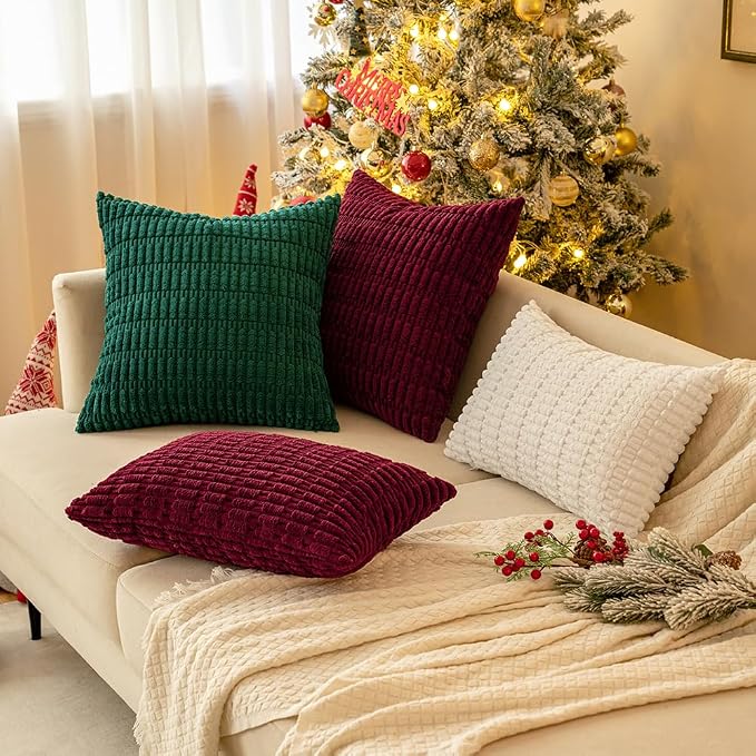 MIULEE Corduroy Decorative Throw Pillow Covers 18x18 Pure White Pack of 2 | Soft Boho Striped Pillow Covers Modern Farmhouse Home Decor For Sofa Living Room Couch Bed