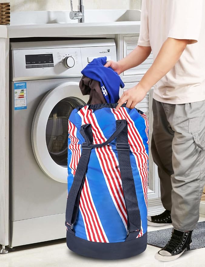 Backpack Laundry Bag with Shoulder Straps and Mesh Pocket Durable Nylon Clothes Hamper Bag with Drawstring Closure for College, Travel, Laundromat, Apartment