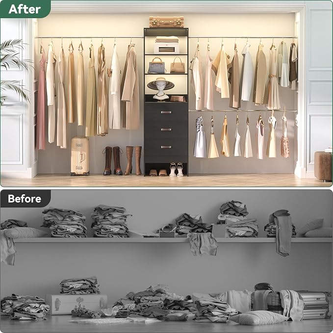 Besiost 96'' Closet Organizer System with 3 Hanging Rods, 8FT Closet Organizers and Storage with 3 Wooden Drawers, Built in Closet Organizer Systems, Adjustable Walk-in Wardrobe from 5-8FT, Black