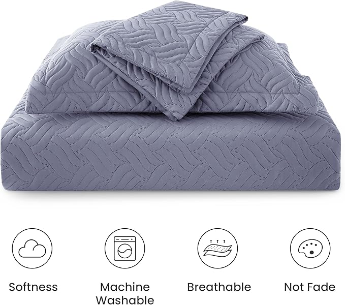 Love's cabin Twin Quilt Bedding Set Bluish Grey Bedspreads - Soft Bed Summer Lightweight Bedspread Comforter - Wave Pattern Bedding Coverlet for All Season - 2 Pieces (1 Quilt, 1 Pillow Sham)
