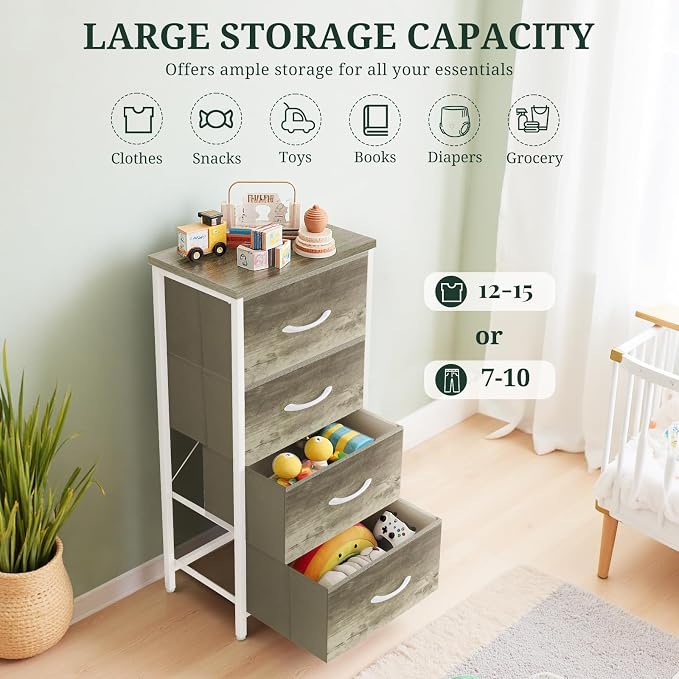 4 Drawers Dresser for Bedroom Fabric Storage Tower with Wooden Top | Steel Frame Tall Chest of Drawers for Closet, Entryway, Dorm, Greige Oak