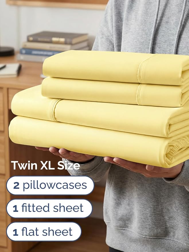 Extra Deep Twin XL Sheet Set - 4 Piece College Dorm Room - Yellow | College Dorm Room Essentials, Easy & Secure Fit, Ultra-Soft, Wrinkle & Fade Free, Comfy Sheets Set with Extra Deep Pockets