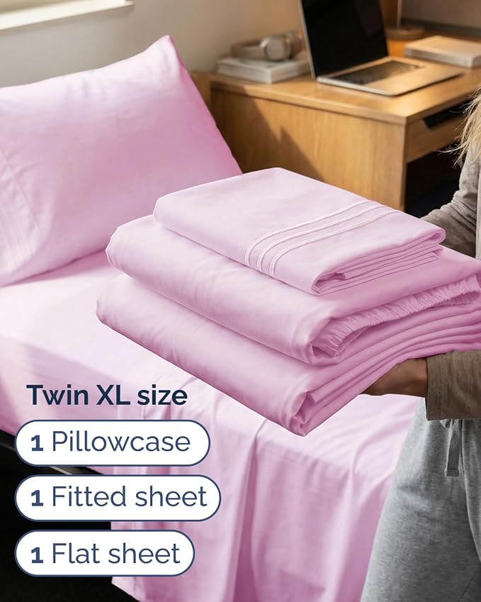 Twin XL 3 Piece Sheet Set - College Dorm Room Essentials - Light Pink | Deep Pocket Bed Sheets for Women, Men, Teens & Students, Soft, Cooling, Breathable & Wrinkle Free, Oeko-Tex Bed Sheet Set