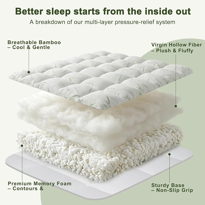4 Inch Mattress Topper Memory Foam Cooling Bamboo Queen Size Back Pain | Gel Airflow Channels Wick Heat Moisture Orthopedic Support Deep Pocket 360 Edge Fits 8-21 Inch Washable Hypoallergenic Queen