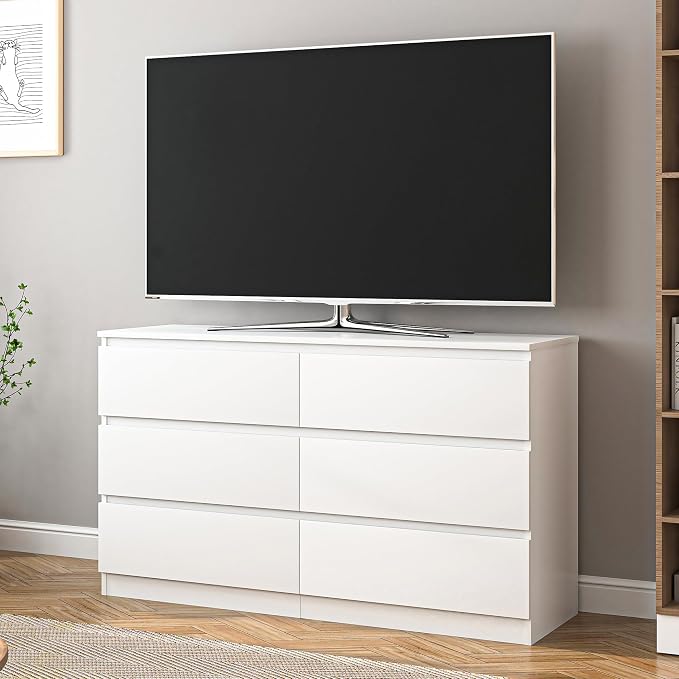 Vibe & Dine White Dresser 6 Drawer, Modern Double Dresser for Bedroom, Wood Chest of Drawers with Wide Storage for Living Room