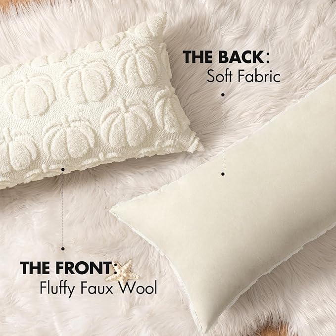 MIULEE Fall Pillow Cover Pumpkin Fall Decor Lumbar 14x36 Cream White | Set of 2 Fall Decorations for Home, Plush Faux Fur Farmhouse Accent Pillowcase, Porch Sofa Couch Cushion Bed Livingroom
