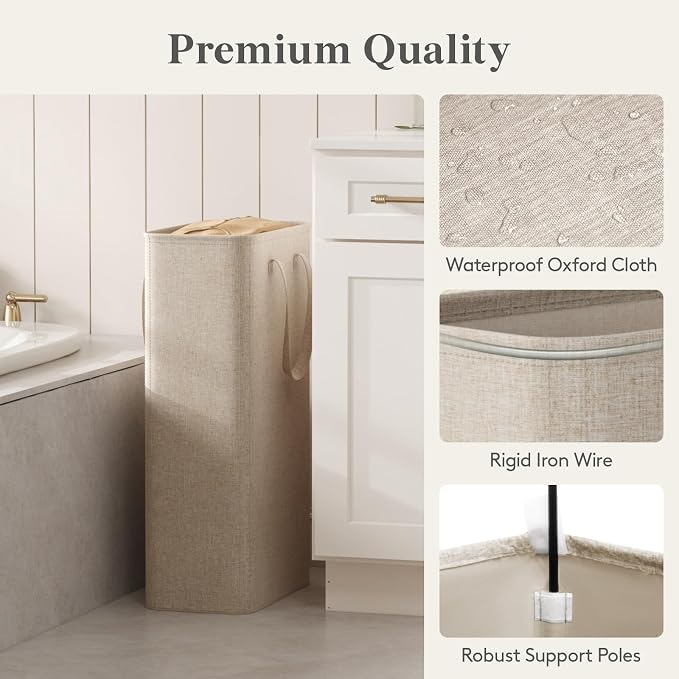 Lifewit Slim Collapsible Laundry Basket with Handles, 65L, Beige | Narrow Laundry Hamper for Dirty Clothes, Tall Thin Laundry Bin, Small Clothes Hamper for Bathroom, Bedroom, RV, Dorm