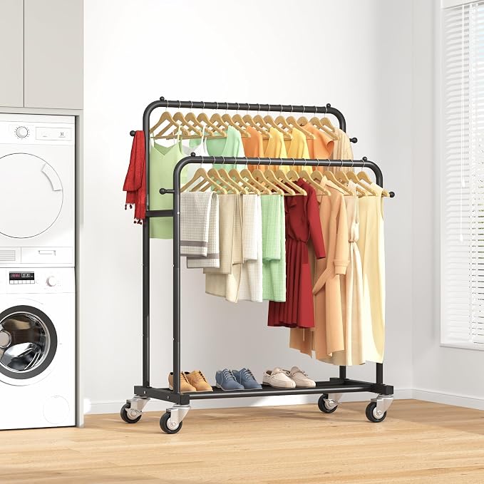 Laiensia Double Rods Garment Rack with Wheels, Clothing Rack for Hanging Clothes,4 Hooks, Multi-functional Bedroom Clothes Rack, Black
