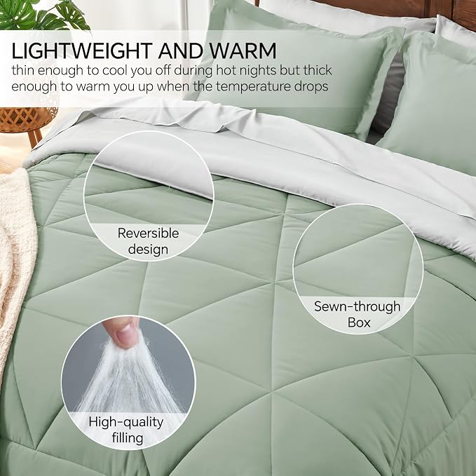 BEDELITE Full Comforter Set 7 Pieces, Reversible Sage Green Bed in A Bag | Soft All Season Down-Alternative Comforter, Sheets, Pillowcases & Shams, OEKO-TEX Certified Bedding for Bedrrom, Guest Room