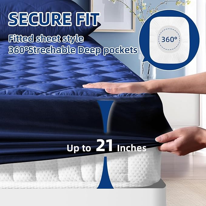 Cal King Mattress Protector Waterproof, Fitted Deep Pocket 8"-21", Blue | Breathable Waterproof Mattress Pad Cover, Soft Noiseless Mattress Cover Washable Cooling for Home Hotel Bedroom