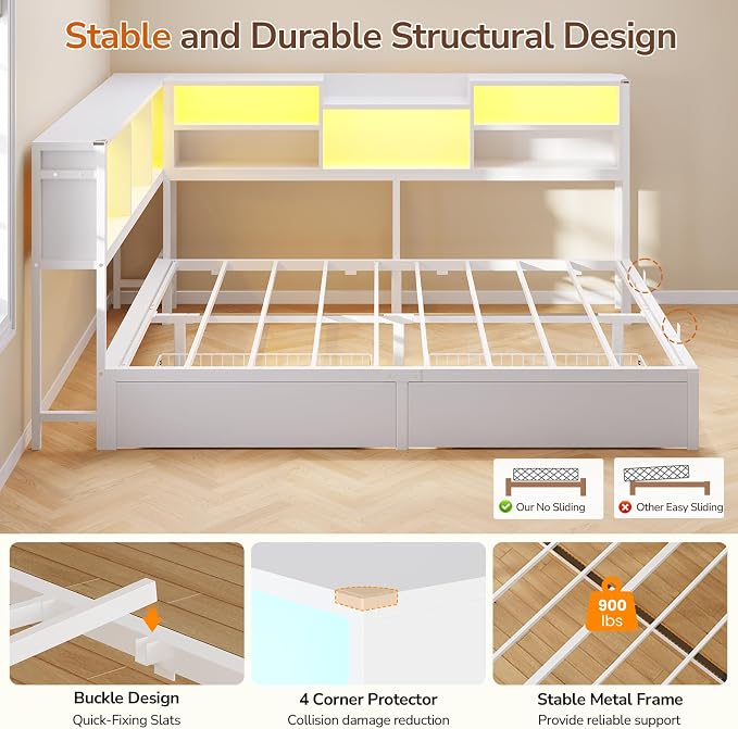 DICTAC Full Corner Bed Frame with 2 Storage Drawers and Bookcase Headboard,Full Size Metal Platform Bed Frame with Charging Station and Led Lights,Modern Full Daybed for Kids,Teen and Guests,White