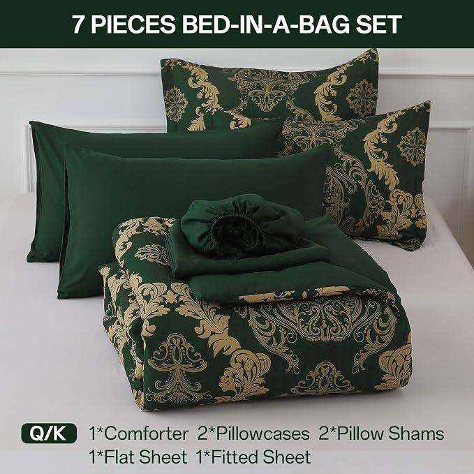 WONGS BEDDING Green Damask Queen Size Comforter Set, 7 Piece Texture Microfiber Comforter Bedding Set for All Season, Bed in a Bag with Comforter, Flat Sheet, Fitted Sheet, Pillowcases & Shams
