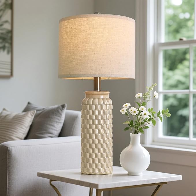 USumkky 24" Modern Ceramic Bedside Lamp Set of 2 for Bedroom Decor Farmhouse Table Lamp for Living Room Office Dorm Cream