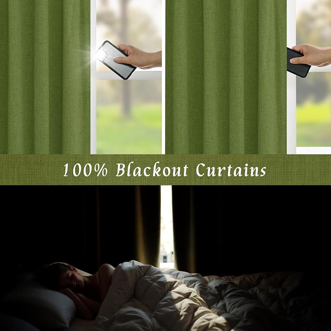 45 Inch Sage Green 100% Blackout Linen Curtains for Bedroom 2 Panels | Room Darkening, Thermal Insulated Drapes, Christmas Decor, Rod Pocket Back Tab Panels, with White Liner, 52 x 45 Inch