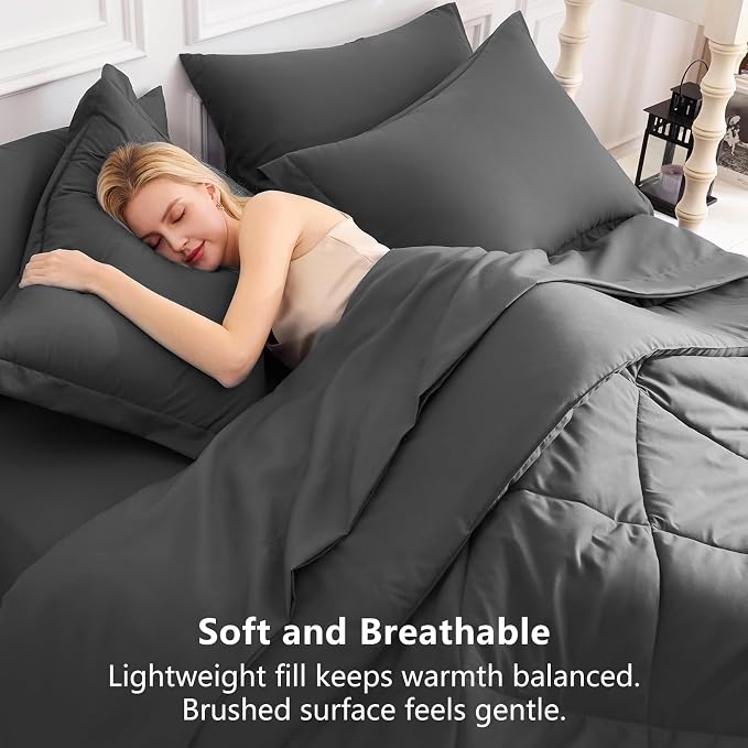 Super King Plus Comforter Set Dark Grey - 7 Pieces Bed in a Bag | OEKO-TEX Certified, All Season, 240GSM Down-Alternative Comforter, Sheets, Pillowcases & Shams, 14" Deep Pocket, Easy Care