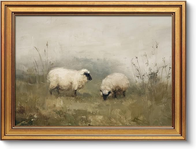 VIYYIEA Vintage Gold Framed Wall Art for Living Room, Sheep Canvas Prints Home Decor, Oil Painting Picture, Bedroom Wall Decor Gifts for Friends or Family -【Valais Blacknose Sheep】-(16L x 12W)