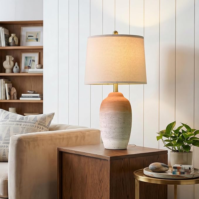 USumkky 24.5" Ceramic Table Lamp with 5FT Cord, Single Farmhouse Vintage Rustic Bedside Lamp for Living Room Bedroom Entryway, Linen Shade Nightstand End Table Decor (Bulb Not Included)-White&Brown