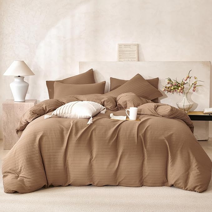 Comforter Set King Dark Brown Striped Luxury Washed Microfiber Jacquard 3 Pieces Bedding, Dark Brown Vertical Ticking Stripes Comforter with 2 Pillowcases Soft Breathable Durable Comfy