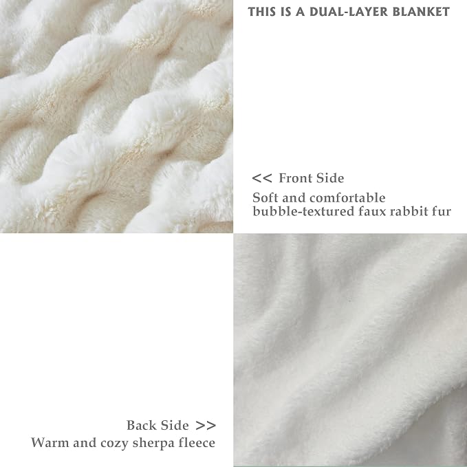 60x80 Inches Ultra-Soft Fuzzy Faux Fur Plush Twin Size Blanket - Thick, Warm Sherpa for Couch, Sofa, Bedroom, Camping - Decorative Blanket for Cozy Warmth, Bubble Ivory White