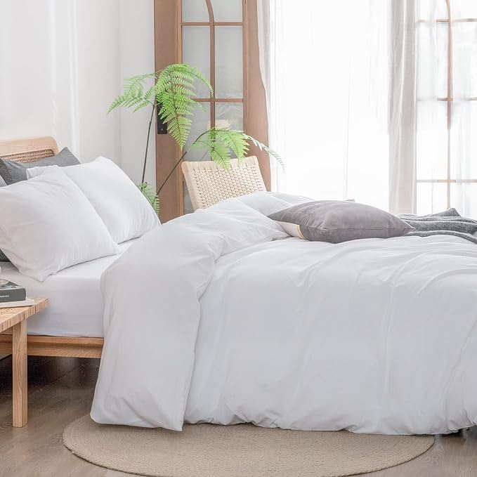 BESTOUCH Duvet Cover Set 100% Washed Cotton Linen Feel Super Soft Comfortable Chic Lightweight 3 PCs Home Bedding Set Solid Bright White King | 100% Washed Cotton, Soft Wrinkle Texture, Hidden Zipper, 8 Ties, Breathable Lightweight Durable Comfy, 3 Pcs...