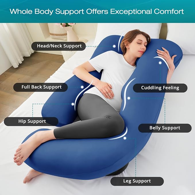Sasttie Cooling Pregnancy Pillows for Sleeping, 65'' Full Body Pillow, Navy | Sasttie Maternity Pillow, OEKO-TEX, Down Alternative, Removable Cover, Pregnant Women Must Haves, Maternity Essential