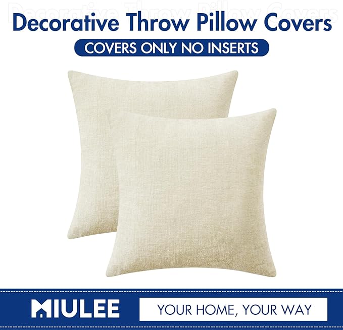 MIULEE Soft Chenille Throw Pillow Covers Cream 20x20 Inch Pack of 2 | Modern Home Decor, Classic Decorative Pillows, Solid Dyed Cases, Boho Couch Cushion Covers for Sofa Bed Living Room