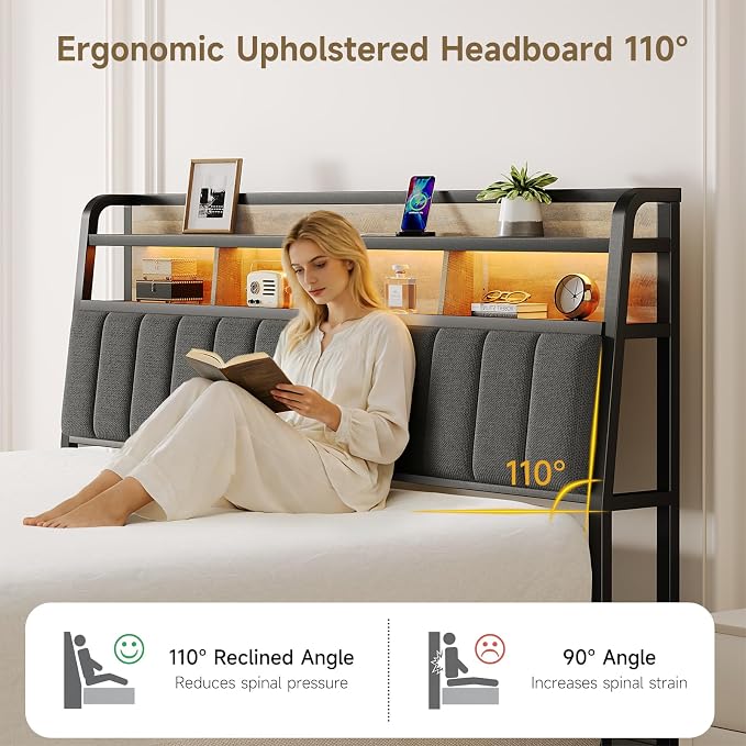 ComfyCorner King Size Headboard with Storage & LED Light, Black & Brown | Upholstered Ergonomic Head Board with Power Outlets & 2-Tier Storage, King Headboard Only, Bed Frame Mounting, Heavy Duty