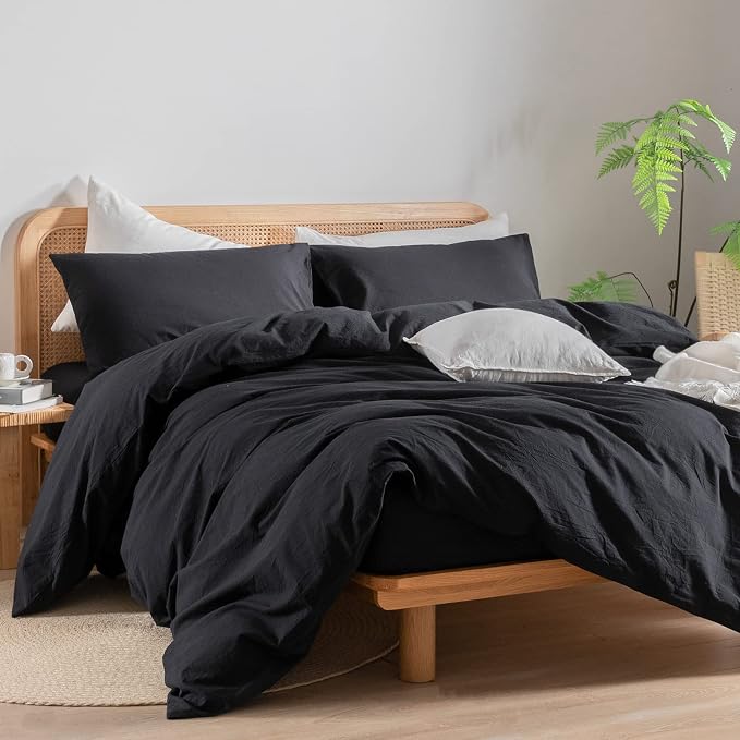 BESTOUCH Cotton Solid Duvet Cover Set Linen Feel Deep Black Oversized King | 100% Washed Cotton, Soft Wrinkle Texture, Hidden Zipper, 8 Ties, Breathable Lightweight Durable Comfy, 3 Pcs No Insert
