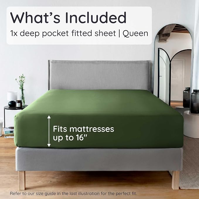 Bambaw 100% Viscose Derived from Bamboo Fitted Sheet Queen Size, Cooling Fitted Sheet Queen Size, 16’’ Deep Pocket & Elastic Corner Straps (Olive)