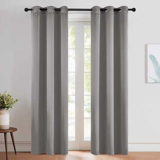 NICETOWN Chrome Gray Blackout Curtains for Cafe 42" w x 84" L 2 Panels | Satin Curtains for Small Windows Grommet Privacy Drapes for Play Room Bedroom Kitchen, Light Blocking Noise Reducing Decor