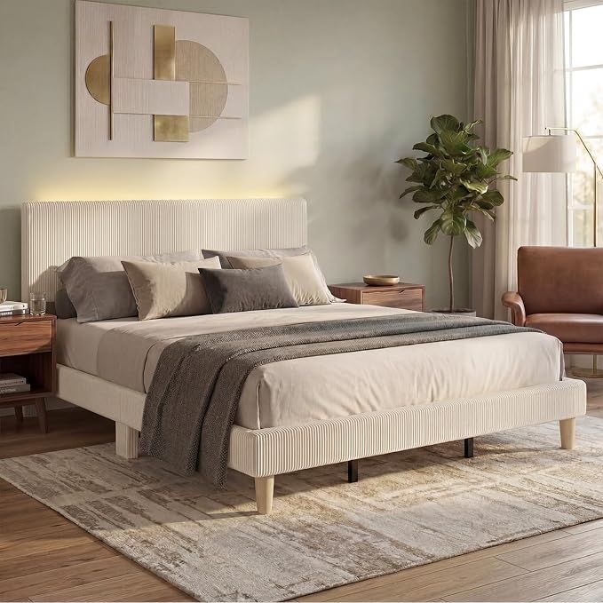 Bestier King Size Bed Frame with Headboard LED Lighting,Upholstered,Beige | Easy Assembly,LED Lighting Headboard,No Squeaks,Vertical Channel Corduroy Upholstered,Wood Slats Support,No Box Spring Needed