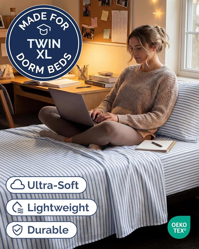 Twin XL 3 Piece Sheet Set - College Dorm Room Essentials - Blue Stripes | Deep Pocket Bed Sheets for Women, Men, Teens & Students, Soft, Cooling, Breathable & Wrinkle Free, Oeko-Tex Bed Sheet Set