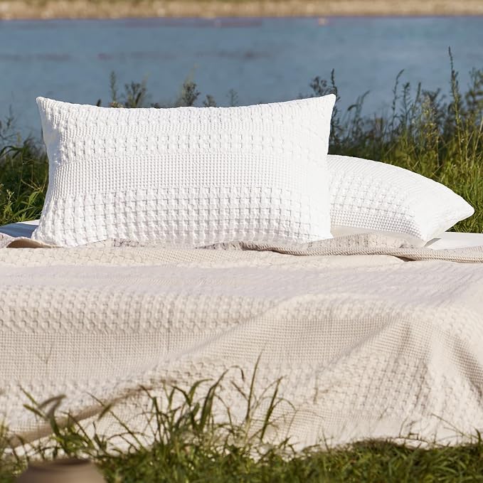 PHF 100% Cotton Waffle Pillow Shams King Size, 2 Pack 20" x 36" Soft Skin-Friendly Pillowcases, No Filling, Aesthetic Woven and Breathable Waffle Weave Pillow Case Covers for Bed, White