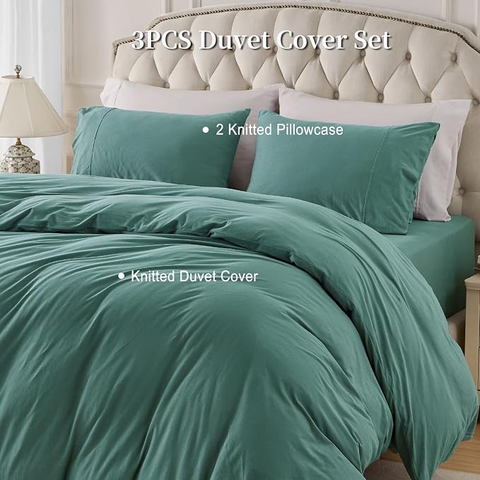 PURE ERA Jersey Knit Sheet Set Solid Teal Green Twin | 100% Cotton, 3 Piece Set, T Shirt Soft, Breathable, Envelope Closure Pillowcases, Hidden Zipper, 8 Ties, No Insert, Modern