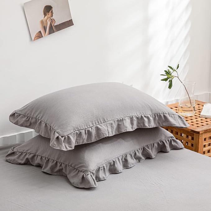 Cute Pillowcases Light Gray Pillow Shams Gray Ruffle Queen Pillowcases Set of 2 Shabby Chic Fringe Decor Pillow Cover 2 Pack (Queen (20''x30''), Light Grey)