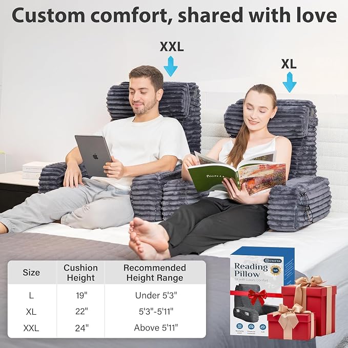 ENITYA 22" XL Back Pillow for Bed Sitting Up with Armrests & Big Pockets | Reading Pillow for Bed, Soft Back Support Chair, Ideal for Watching TV, Gaming, Nursing, Resting, Post Surgery, Dark Grey