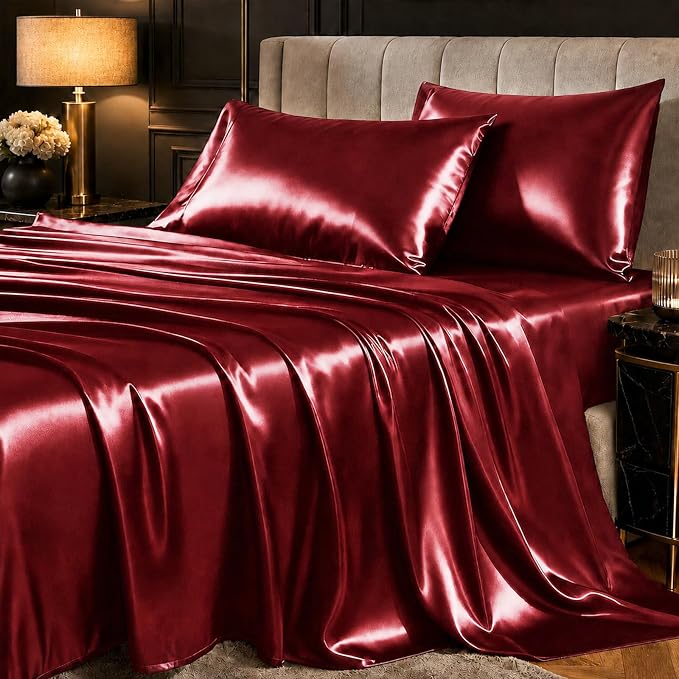 CozyLux Satin Sheets King, 4-Piece 14-Inch Deep Pocket Sheet Set | OEKO-TEX Certified Silky Soft Sheet Set for Hair & Skin, Luxurious Silky-Smooth Satin for Elegant Bedroom Decor, Burgundy