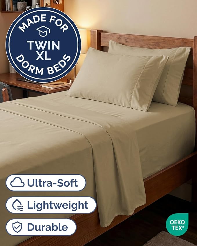 Extra Deep Twin XL Sheet Set - 4 Piece College Dorm Room - Beige | College Dorm Room Essentials, Easy & Secure Fit, Ultra-Soft, Wrinkle & Fade Free, Comfy Sheets Set with Extra Deep Pockets